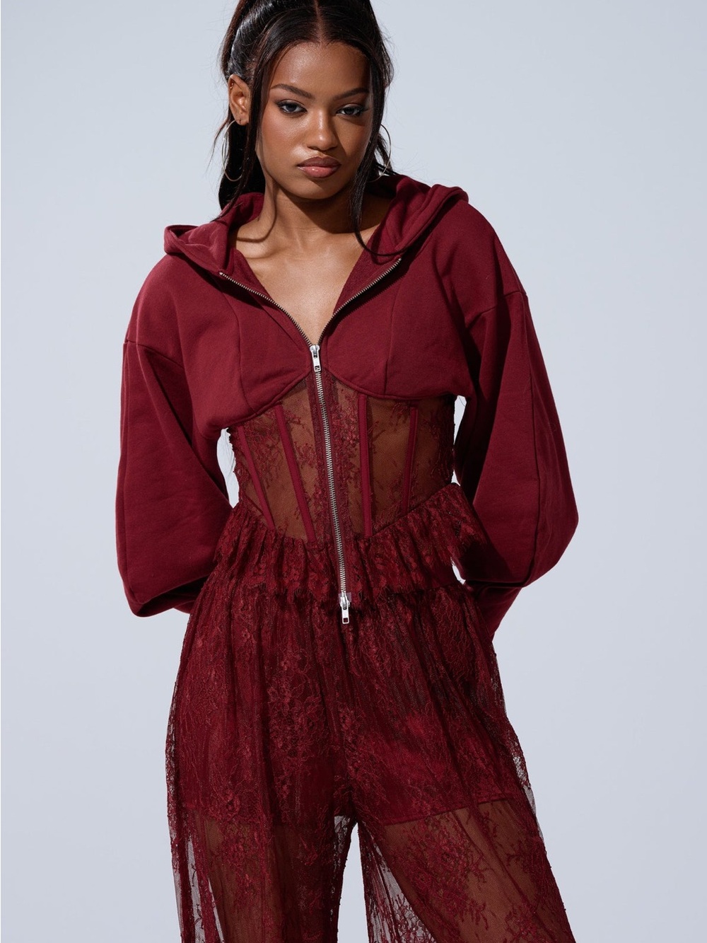 AKIRA Burgundy Lace Zip-Front Cinched Waist Hoodie
